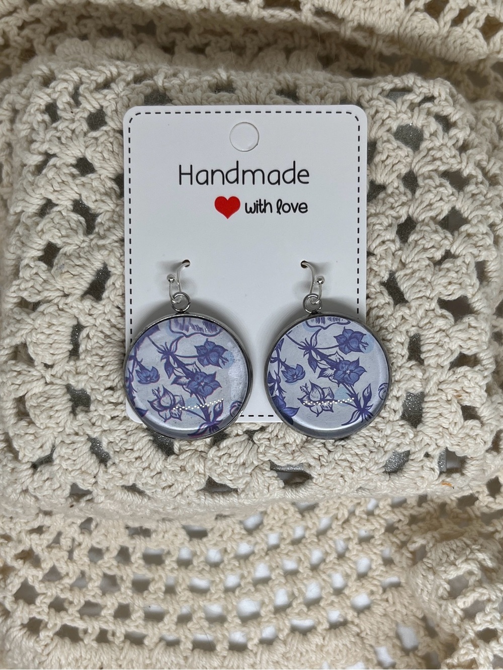 Handmade Blue Floral Round Dangle Earrings